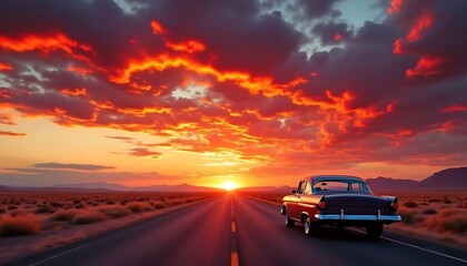 Fototapeta premium Vintage car driving along the highway lined with dried vast field against warm orange and pink hues of sunset sky
