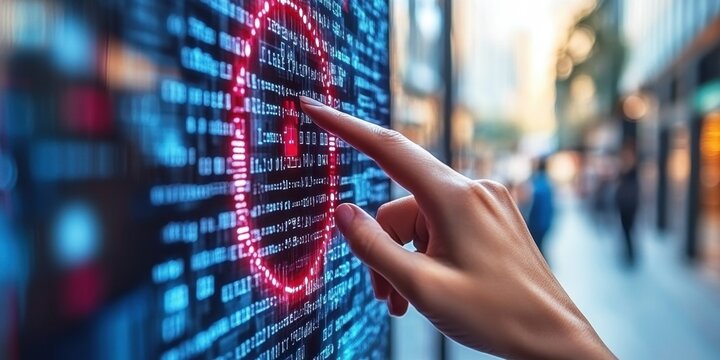 A hand interacting with a digital screen displaying binary code and a security icon.