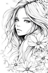 Fototapeta premium Antistress image of a beautiful girl with flowers. for adult and children's coloring books