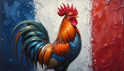 Fototapeta premium Detailed Rooster Portrait Against a French Flag Inspired Canvas
