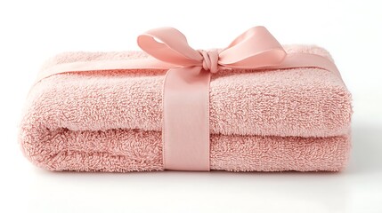 A pink towel is wrapped in a pink ribbon
