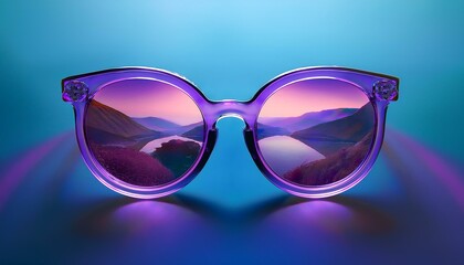 A surreal digital illustration of a pair of purple glasses floating in mid-air, reflecting scenes of gender equality and female empowerment. The lenses glow with a soft neon effect, symbolizing the fe