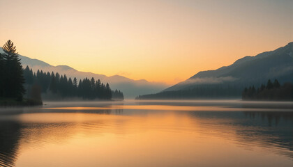 Fototapeta premium Serene Mountain Lake at Sunrise with Misty Pines