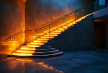 Polished marble stairs with glass railings illuminated by warm LED golden lighting reflects on the wall, interior home decoration design