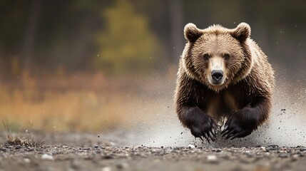 Fototapeta premium Majestic brown bear running through the forest capturing the essence of wildlife and adventure : Generative AI