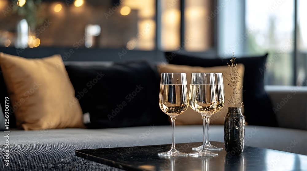 Aufkleber elegant setting with two glasses of sparkling wine on a dark coffee table against a cozy modern livi