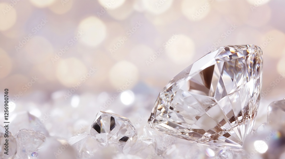 Fototapete stunning diamond placed elegantly among smaller jewels sparkling on a reflective surface with a boke