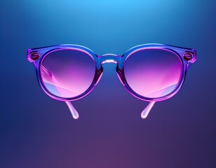 A surreal digital illustration of a pair of purple glasses floating in mid-air, reflecting scenes of gender equality and female empowerment. The lenses glow with a soft neon effect, symbolizing the fe