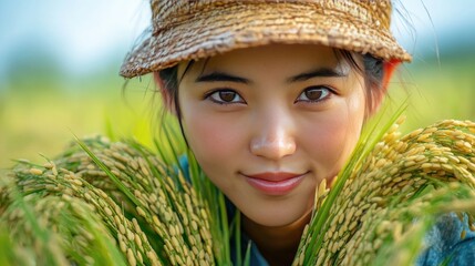 Young woman harvesting rice in lush green field, smiling with joy under clear blue sky
