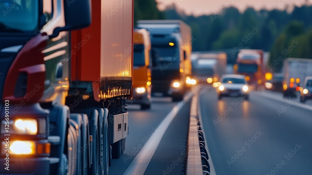 Aufkleber Dynamic view of busy highway filled with trucks and cars during twilight in an urban setting : Generative AI
