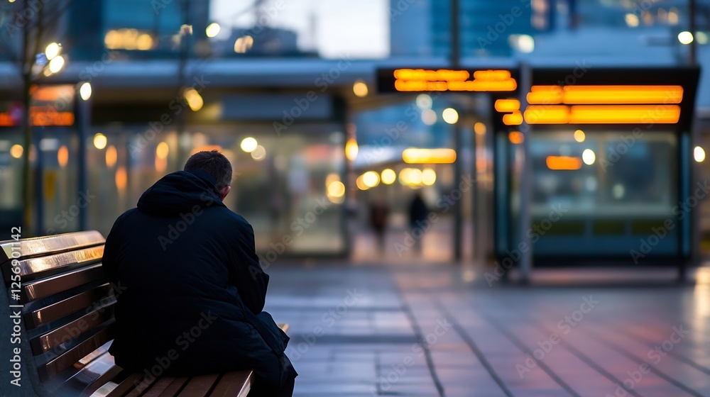 Poster solitary figure sitting on a bench in a busy urban transport hub during twilight hours : generative 