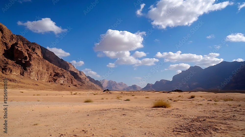 Poster stunning panoramic view of a desert landscape with dramatic clouds and mountain ranges : generative 