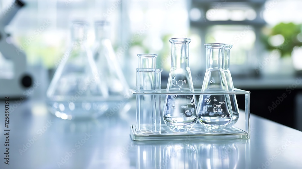 Poster scientific glassware collection featuring various flasks and beakers on a lab table with blurred bac