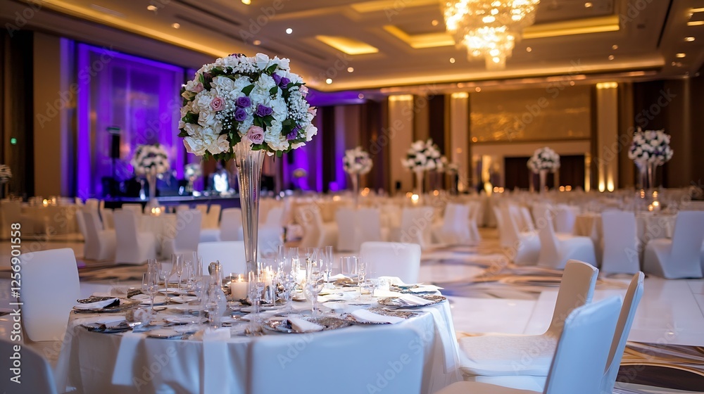 Poster elegant wedding reception with stunning floral arrangements and ambient lighting creating a magical 