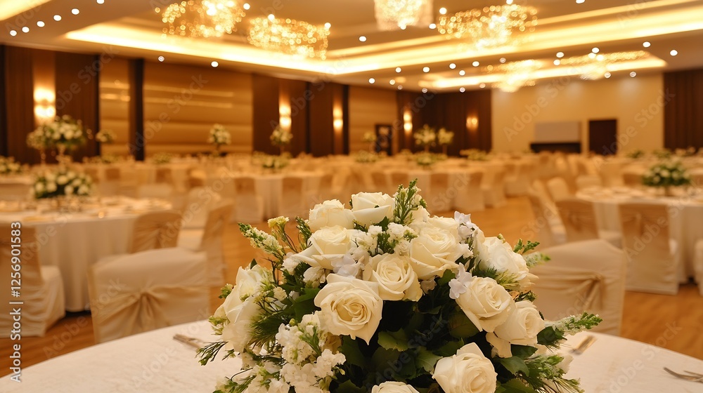 Poster charming banquet room adorned with delicate white roses and soft lighting for an inviting setting : 
