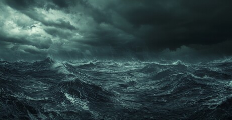 Fototapeta premium Dark and Stormy Sea with High Waves and Ominous Clouds Under Gloomy Atmosphere