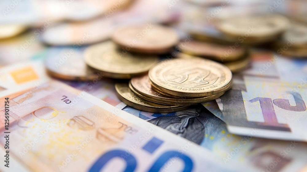 Aufkleber diverse assortment of currency notes and coins symbolizing financial transactions and economic excha