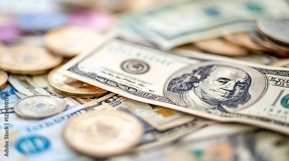 Poster close up view of assorted currency notes and coins creating a vibrant financial background : generat