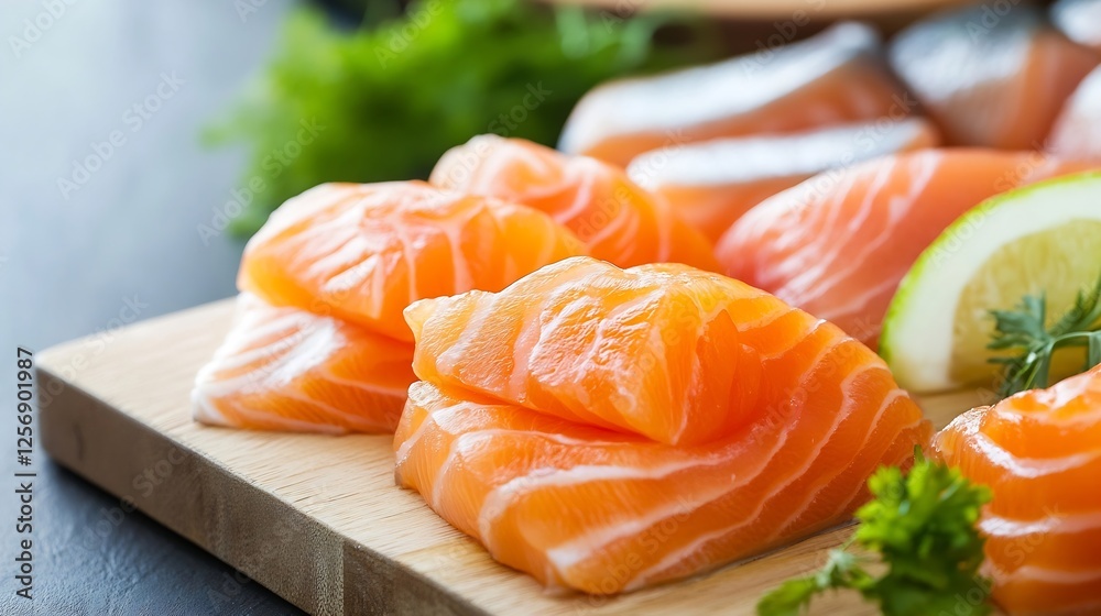 Poster fresh slices of salmon arranged beautifully on a wooden cutting board ready for sushi preparation : 