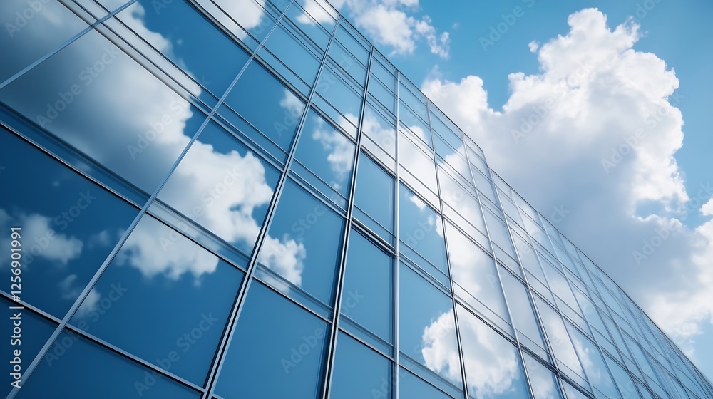 Poster modern urban architecture with reflective glass building capturing the blue sky and fluffy clouds : 