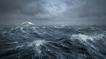 Dramatic Stormy Sea With Dark Clouds and Heavy Rain Over Turbulent Ocean Waves