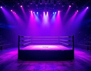 Wrestling ring bathes under a vibrant purple and blue lights on stage, sports concept