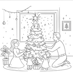 coloring page for kids cartoon style No background thick line low detail no shading easy for beginners monochrome line drawing Family decorating Christmas tree