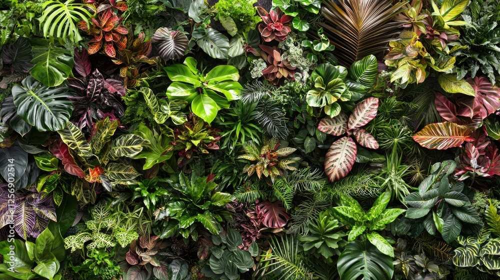 Poster Lush tropical foliage wall, vibrant green leaves, indoor garden, nature background, perfect for design