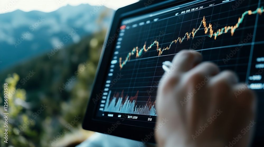 Leinwandbilder Hand interacting with a digital tablet displaying stock market data in a mountain setting : Generative AI