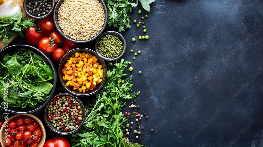 Aufkleber vibrant array of fresh vegetables and herbs arranged beautifully on a dark background : generative a