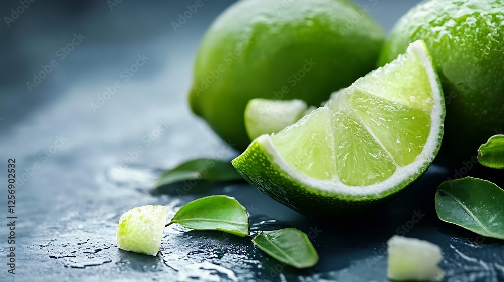 Aufkleber Fresh limes with sliced wedges and leaves on a dark surface highlighting natural produce : Generative AI