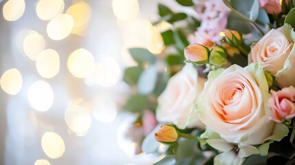 Delicate Rose Bouquet with Soft Lights Creating a Romantic and Inviting Atmosphere at Home : Generative AI