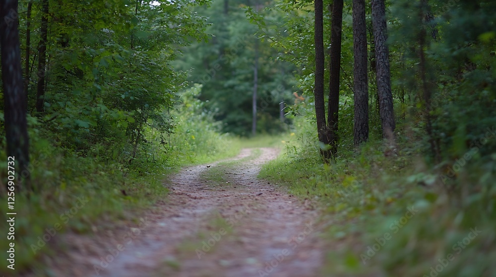 Poster inviting pathway through lush green forest surrounded by tall trees and nature : generative ai