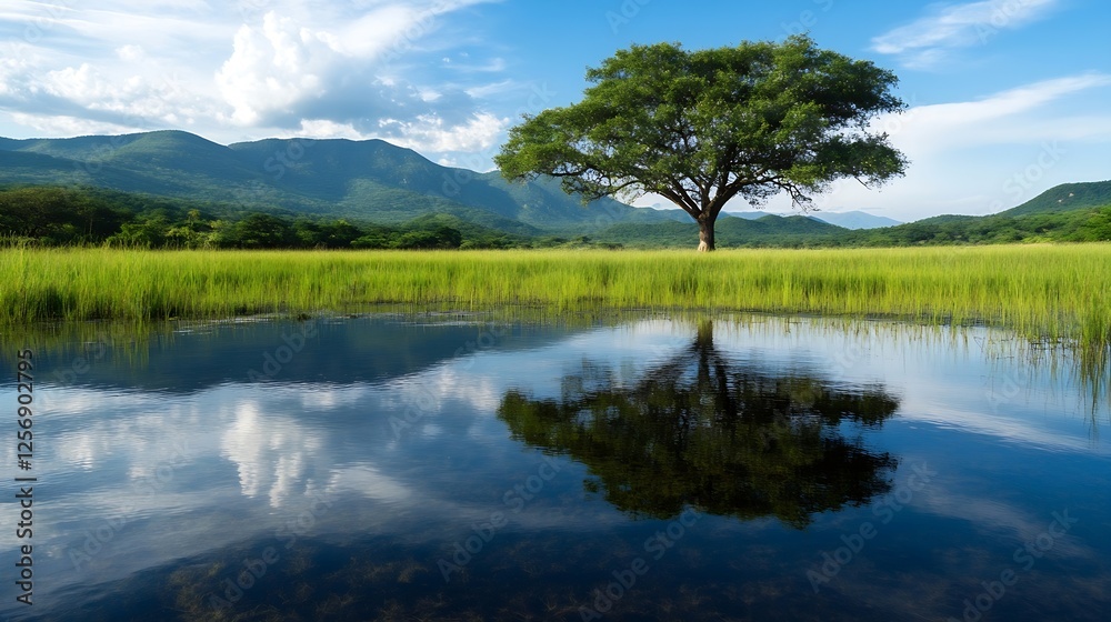 Poster majestic solitary tree reflecting in still water surrounded by lush greenery : generative ai