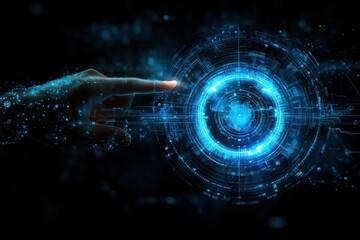 A hand reaching towards a glowing digital interface with abstract patterns.