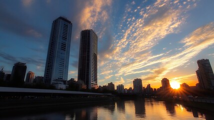 Fototapeta premium Urban skyline at sunset with modern skyscrapers reflecting beautiful colors on water : Generative AI
