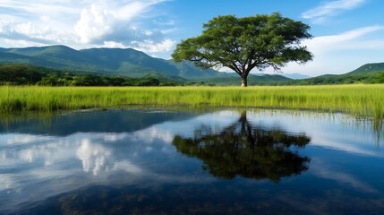 Majestic solitary tree reflecting in still water surrounded by lush greenery : Generative AI