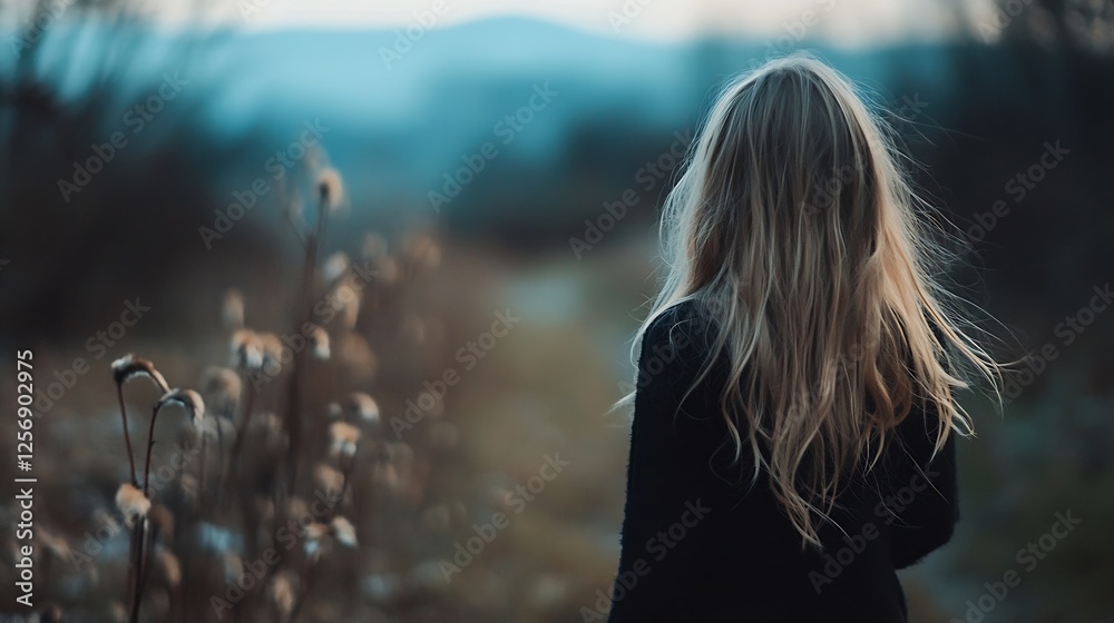 Aufkleber young girl standing alone in a field with long flowing hair looking towards distant mountains at twi
