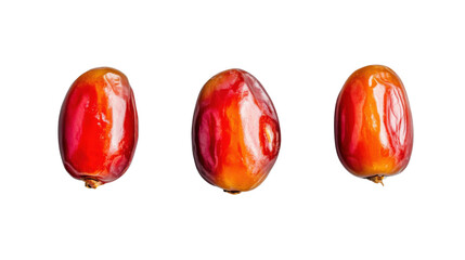 Three fresh dates fruit showing vibrant red and orange colors on transparent background