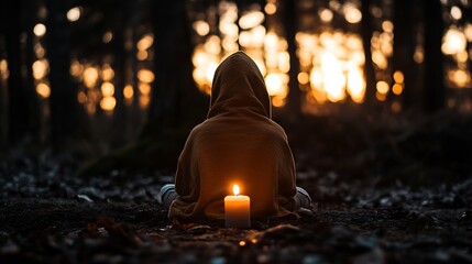 Hooded figure sitting crosslegged in a forest at sunset with a glowing candle reflecting peace and serenity : Generative AI