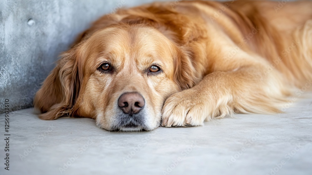 Poster A golden retriever relaxing peacefully on a concrete surface with a serene expression : Generative AI