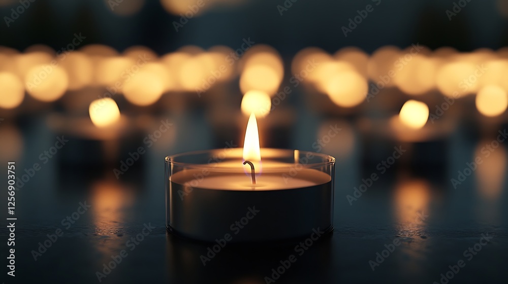 Fototapete Beautiful warm candle flame glowing amidst an array of serene tealights creating a peaceful ambiance : Generative AI