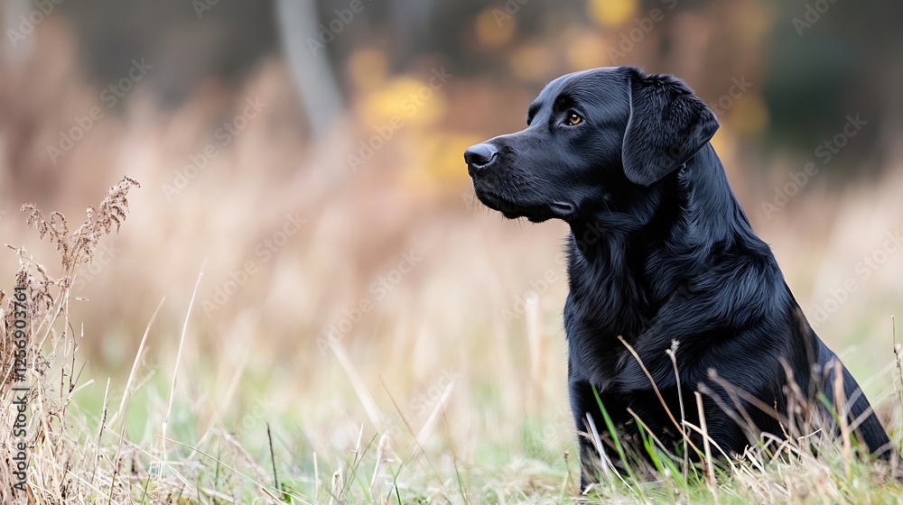 Poster Beautiful profile of a calm black Labrador retriever sitting peacefully in the grass during autumn : Generative AI