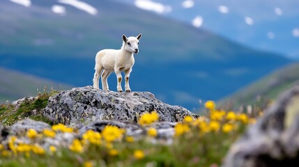 Obraz premium Charming young goat standing on rocky terrain surrounded by wildflowers and vibrant mountain scenery : Generative AI