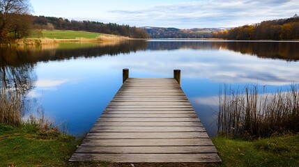 Serene lake view with a wooden dock extending into calm waters reflecting surrounding nature and a cloudy sky : Generative AI