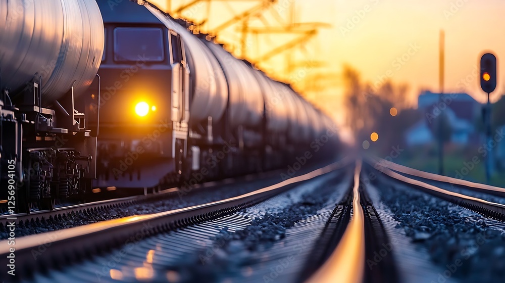 Poster closeup capture of a train approaching at dusk with industrial rails and soft sunset lighting : gene