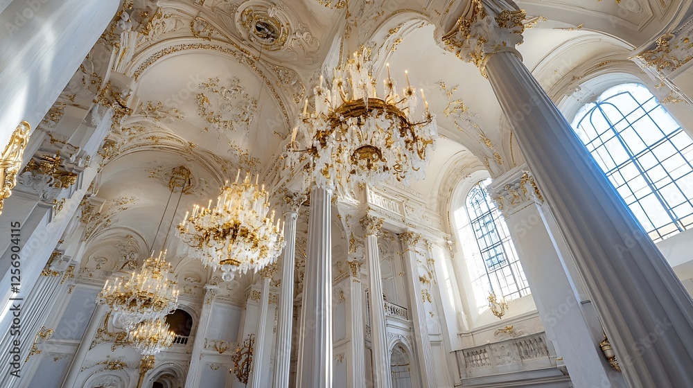 Poster Imposing Ceiling with Beautiful Chandeliers in a Luxurious Hall Setting : Generative AI