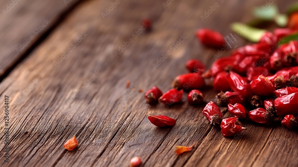 Poster close up view of dried red chili peppers scattered on rustic wooden table : generative ai