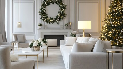 Elegant modern living room adorned with festive decorations showcasing a Christmas tree and stylish furnishings : Generative AI