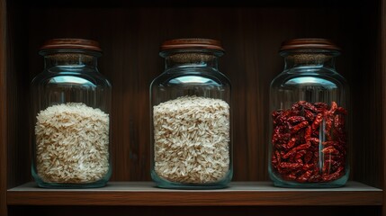 Jars of Rice and Dried Chilies in Glass Containers on Wooden Shelf for Culinary Decoration and Storage